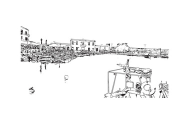 Print Building view with landmark of Rethymno is a city in Greece. Hand drawn sketch illustration in vector.