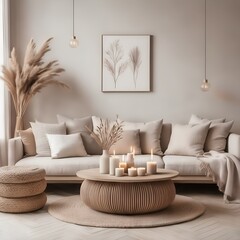 Fototapeta na wymiar A serene, well-lit modern living room with neutral color palette and decorative elements