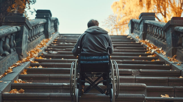 Many stairs. Horizontal image of depressed disabled man sitting in the wheelchair and facing the difficulties with climbing the stairs alone