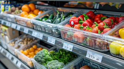 Fresh fruits and vegetables on shelf in supermarket. For healthy concept