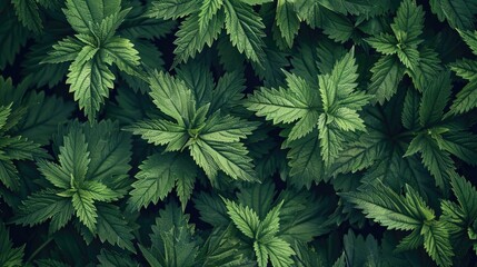 stinging nettle leaves as background. Beautiful texture of nettle. Top view. Copy space. Can use as banner - obrazy, fototapety, plakaty