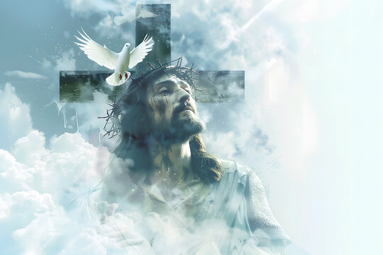 Double exposure image of Jesus Christ, Christian cross and dove, resurrection concept