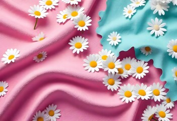 plush towels, chamomile flowers scattered atop