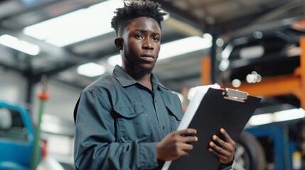 Young african american mechanic holding clipboard near colleague and car in service
