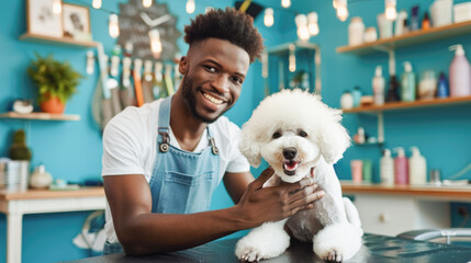 smiling african american pet barber shaking paw of poodle sitting on grooming table