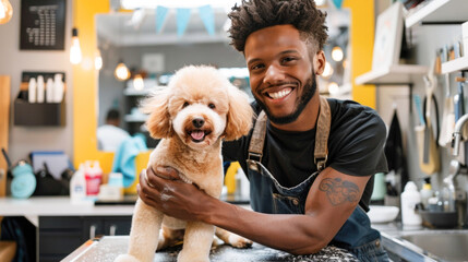smiling african american pet barber shaking paw of poodle sitting on grooming table