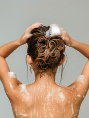 Naklejka premium back view of young woman washing wet and foamy hair isolated on grey