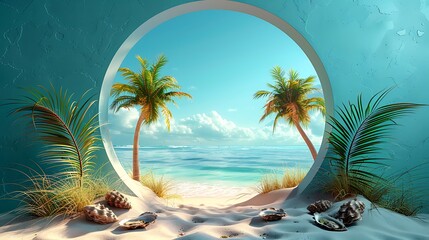 Illustration of A view of a beach in a circle tropical sand with oysters and grass AI generated