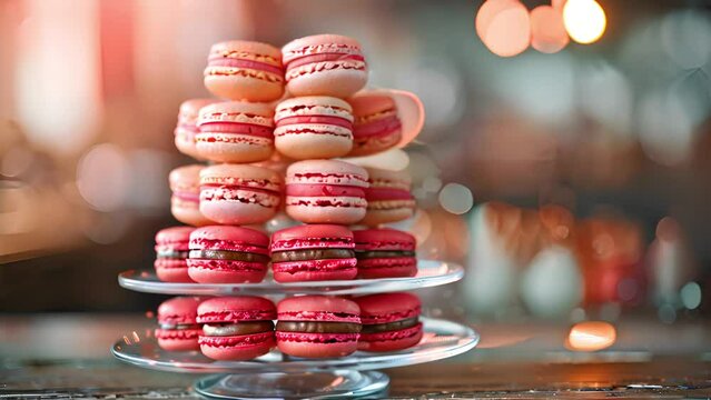 Beautiful macaron cake patisserie multi tier stand full French macaroons all flavors colors at real wedding with flowers roses pink strawberry yellow brown chocolate cookies pyramid tower. Pink French