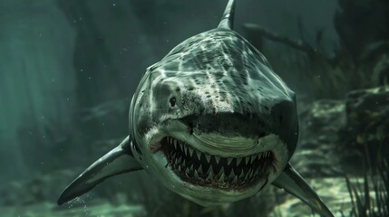 Shark attacking underwater - obrazy, fototapety, plakaty