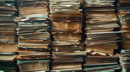 towering stacks of files, concept: feelings of stress, exhaustion, and the need for organization, 16:9 - obrazy, fototapety, plakaty