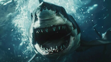 Aggressive shark attacking in water, underwater predator - obrazy, fototapety, plakaty
