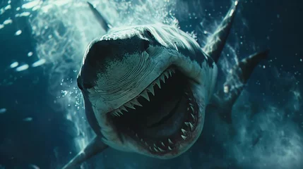 Tuinposter Aggressive shark attacking in water, underwater predator © PhotoHunter