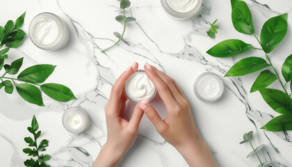 Cosmetic cream with female hands, jars with milk swirl cream and green leaves on white marble table. Flat lay, top view. Woman touching organic moisturizing hand cream. Hand skin care concept