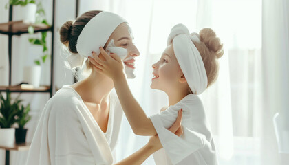 Mother and daughter caring for skin, applying cream on skin, skincare and beauty. - obrazy, fototapety, plakaty
