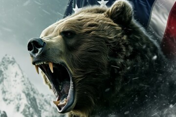   A grizzly bear faces a snow-capped mountain, its mouth agape; snowflakes fall as an American flag flutters nearby