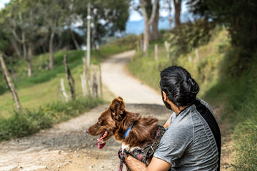 adult mixed-breed man sitting looking at the country road embracing his border collie dog sitting...