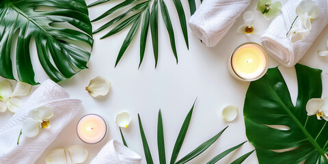 spa background banner  wellness and spa composition with towels, candle, tropical leaves and orchid...