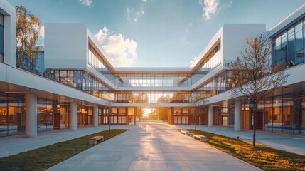 A large building with a courtyard in the middle. The courtyard is surrounded by many windows and has a bench in the middle - obrazy, fototapety, plakaty