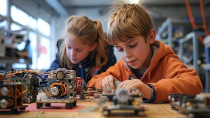 Two children are working on a robot together. One of the children is wearing an orange hoodie