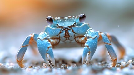   A clear close-up of a blue crab against a softly blurred background The crab's legs are also gently blurred