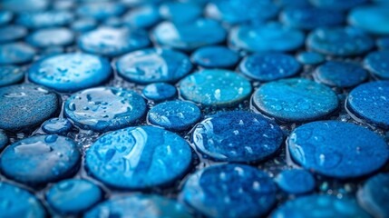 Obraz na płótnie Canvas A close-up of a blue tile, adorned with water droplets at its top and bottom edges