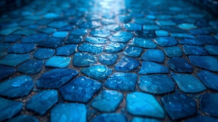   A tight shot of a blue tiled floor, adorned with water droplets, under soft illumination