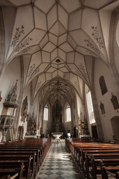 Internal view of the architecture of the church of Villandro in Val Isarco, Italy