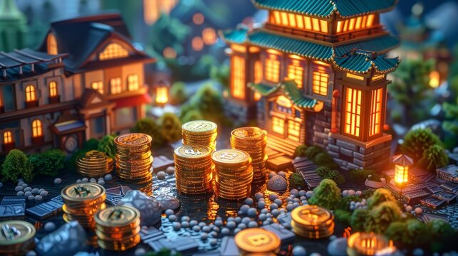 A cityscape with a building that has the letters B and a house with a lot of coins