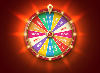 Multicolored fortune wheel at backlight color realistic vector illustration. Gambling game chances. Casino roulette 3d object on red background