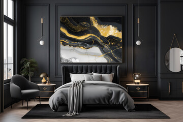 Modern contemporary bedroom interior in dark colors with a marble painting on the wall. Interior design visualization