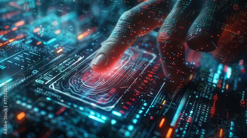 Poster a hand is pointing at a computer screen with a red finger. the image is a representation of a digita