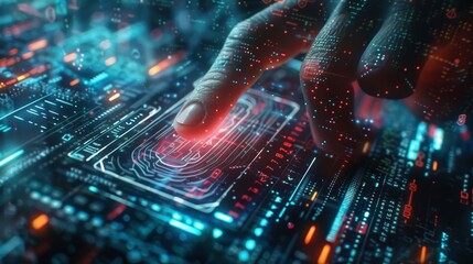 A hand is pointing at a computer screen with a red finger. The image is a representation of a digital world, with a lot of numbers and lines. Scene is futuristic and technological