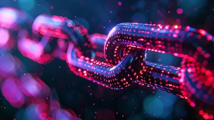 A chain of red and blue links with a black background. The chain is made of binary code and is glowing - obrazy, fototapety, plakaty