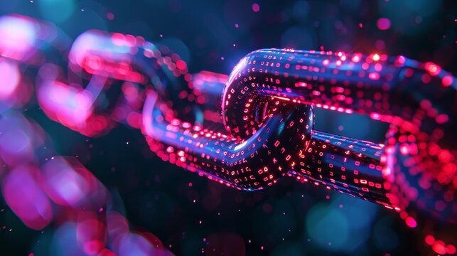 A chain of red and blue links with a black background. The chain is made of binary code and is glowing