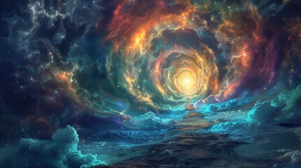 A colorful galaxy with a spiral shape and a bright light at the center. The sky is filled with clouds and stars, creating a sense of wonder and awe. The image evokes a feeling of exploration - obrazy, fototapety, plakaty