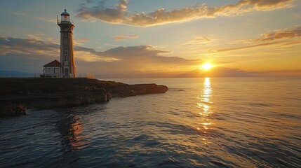 Fototapeta premium A lighthouse is on a rocky shoreline with the sun setting in the background. The sky is filled with clouds, creating a moody atmosphere