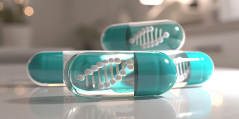 A white and green teal pill with DNA structure inside, gen dna repair , healthy concept