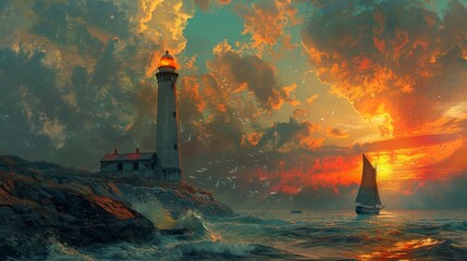 A lighthouse is on a rocky shore with a sailboat in the distance. The sky is cloudy and the sun is setting, creating a moody atmosphere - obrazy, fototapety, plakaty