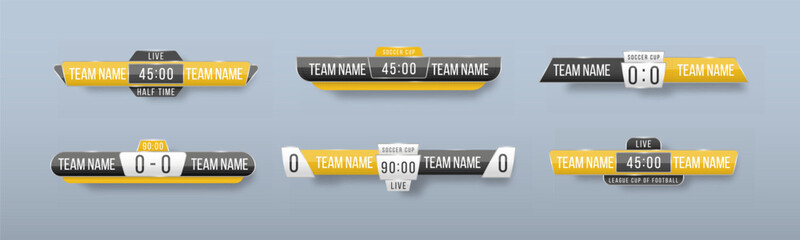 Scoreboard broadcast graphic and lower thirds template for sport soccer, football. Broadcast score banner. Sport scoreboard with time and result display. Vector illustration