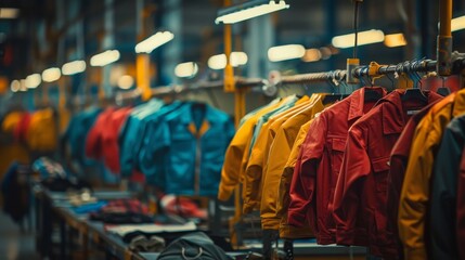 A rack of clothes with a yellow jacket hanging from it