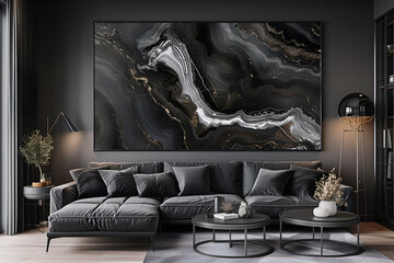 Modern contemporary living room interior in dark colors with a black marble painting on the wall....