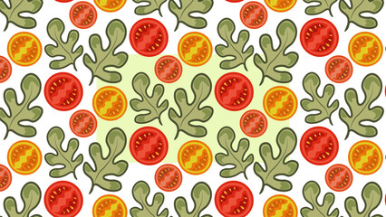 Seamless pattern with tomatoes and arugula. Vector illustration