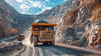 A large truck is driving down a dirt road in a mountainous area. The truck is carrying a large load of rocks and debris. The scene is rugged and wild, with the truck being the only vehicle on the road - obrazy, fototapety, plakaty