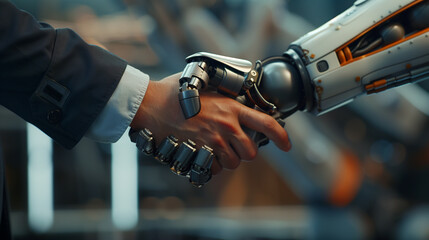 Close up of a robot shaking hands with a businessman in the background