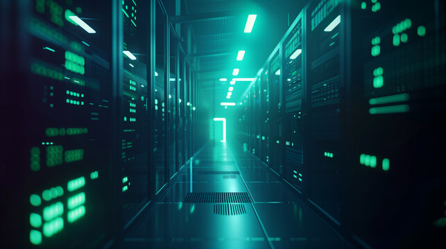 Digital data flow in a server room. 3d rendering. Computer digital image.