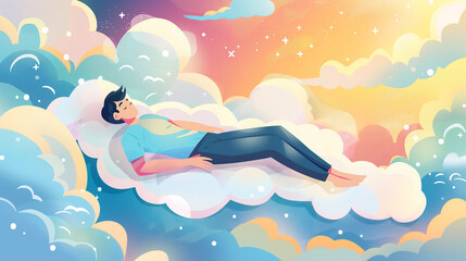 Homem deitado em uma cama confortável nas nuvens - Ilustração  - obrazy, fototapety, plakaty