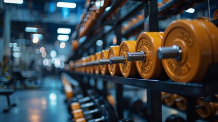 A row of orange dumbbells are lined up on a rack. The dumbbells are all different sizes and are arranged in a neat row. The scene is set in a gym - obrazy, fototapety, plakaty