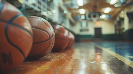 Three basketballs are sitting on a wooden floor in a gym. The balls are all different sizes and are placed in a row. The scene gives off a sense of anticipation and excitement - obrazy, fototapety, plakaty