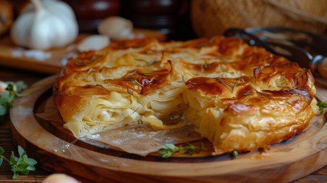Bulgarian puff pastry pies in the form of a spiral banitsa, photos like in a restaurant